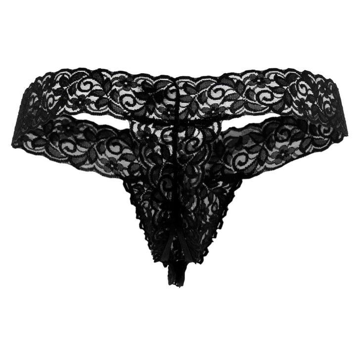 CandyMan men's black 99315 Peek-a-Boo lace thong – low-rise minimal coverage underwear