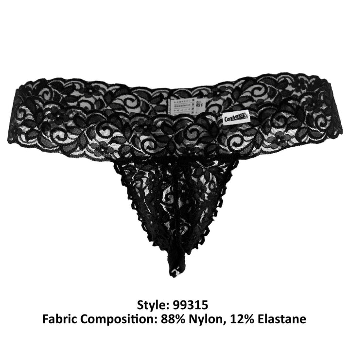 CandyMan men's black 99315 Peek-a-Boo lace thong – low-rise minimal coverage underwear