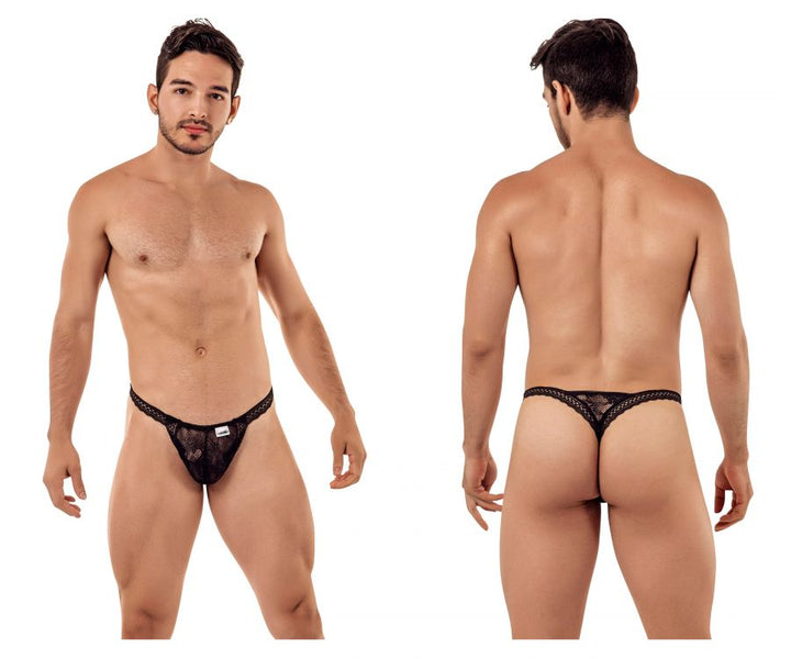 CandyMan men's black 99420 double lace thong – no-show stretch lace minimal underwear