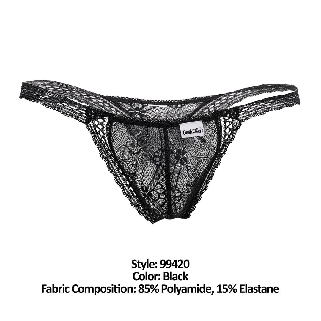 CandyMan men's black 99420 double lace thong – no-show stretch lace minimal underwear
