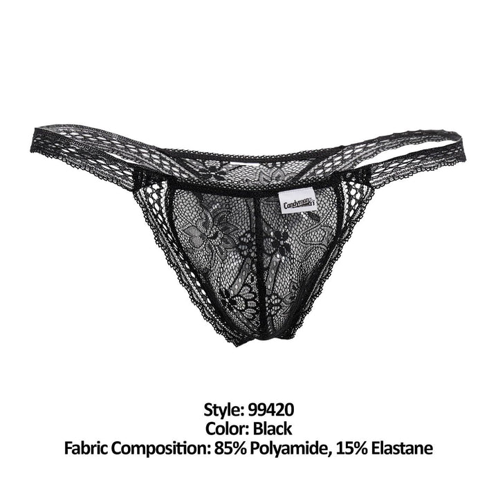 CandyMan men's black 99420 double lace thong – no-show stretch lace minimal underwear