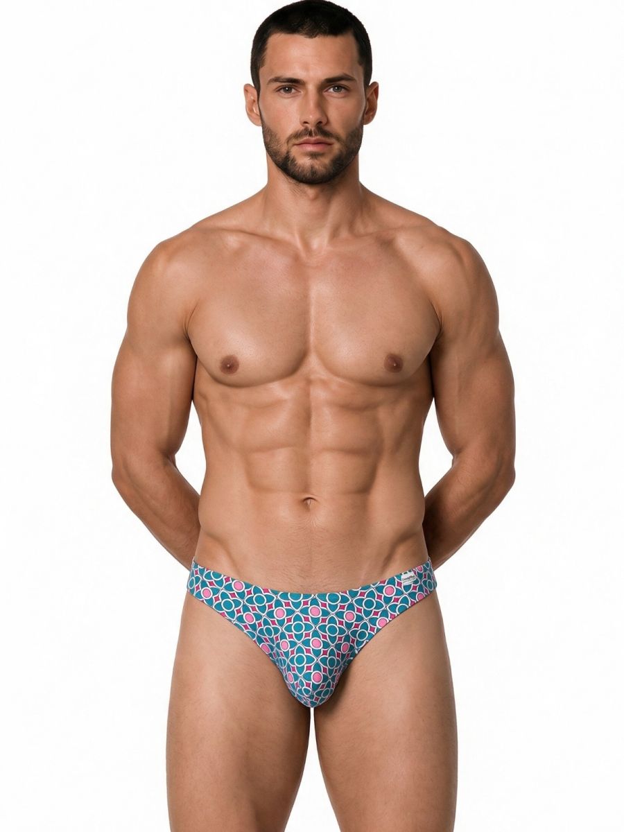 CandyMan Printed Bikini Brief in printed blue – men's tropical print bikini brief underwear