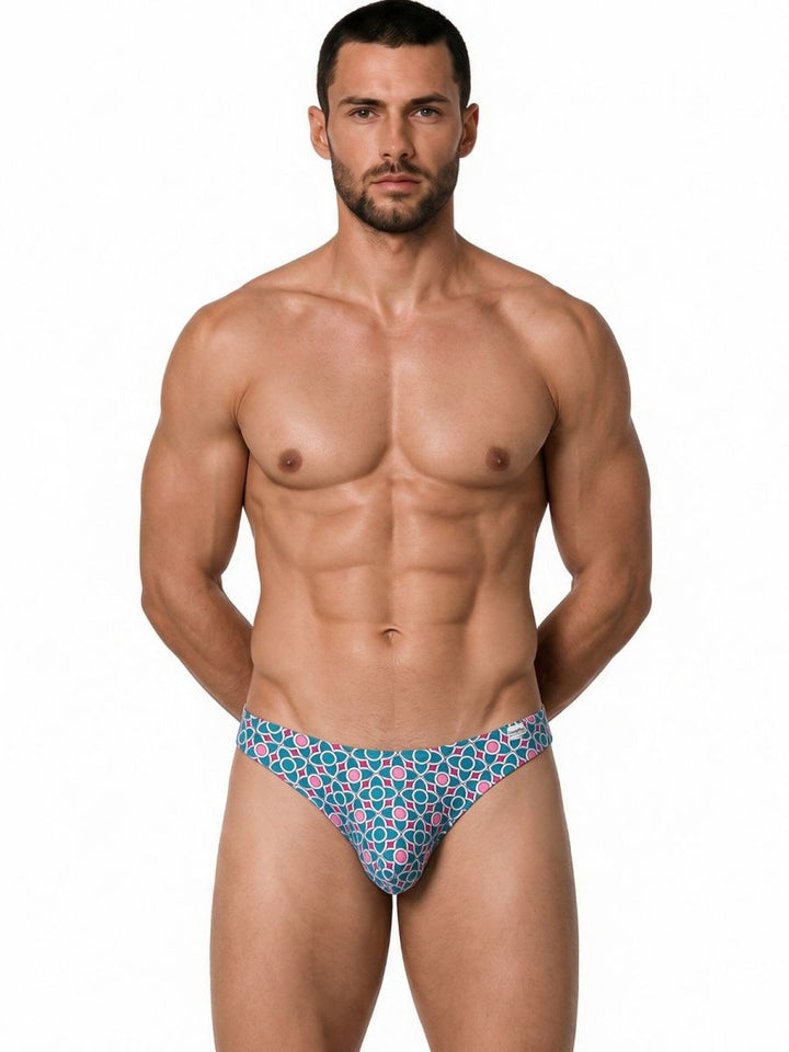 CandyMan Printed Bikini Brief in printed blue – men's tropical print bikini brief underwear