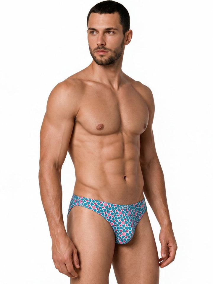 CandyMan Printed Bikini Brief in printed blue – men's tropical print bikini brief underwear