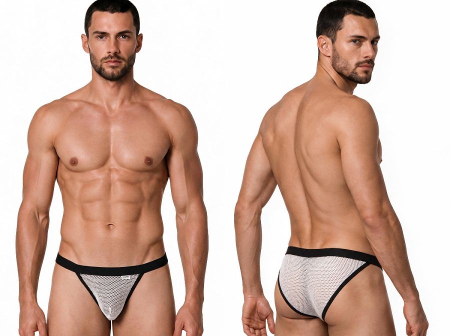 CandyMan Seductive Mesh Bikini in white mesh – men's sheer stretch mesh bikini brief underwear