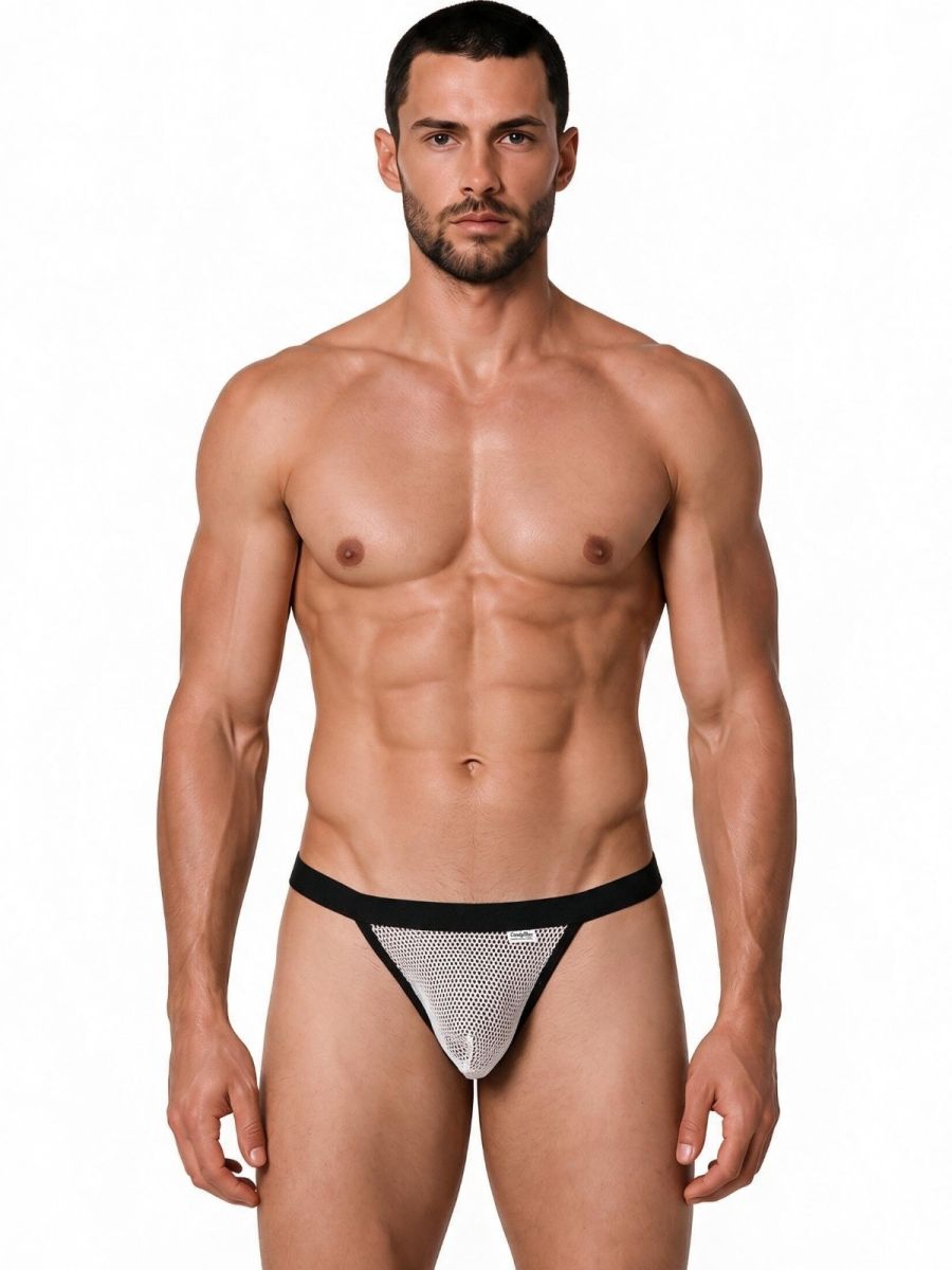 CandyMan Seductive Mesh Bikini in white mesh – men's sheer stretch mesh bikini brief underwear