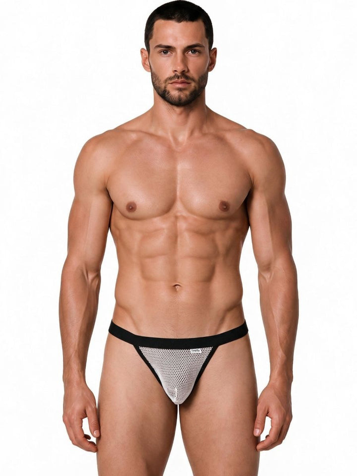 CandyMan Seductive Mesh Bikini in white mesh – men's sheer stretch mesh bikini brief underwear