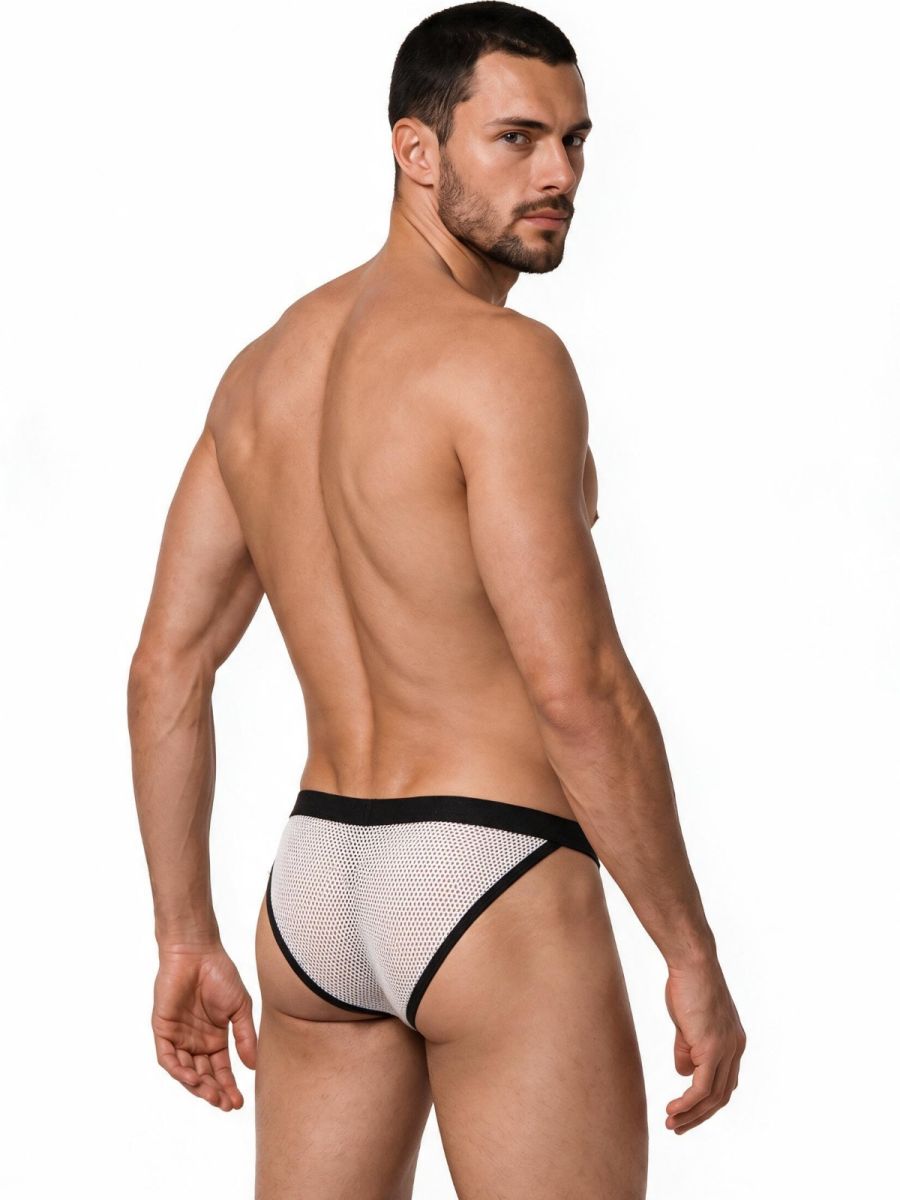 CandyMan Seductive Mesh Bikini in white mesh – men's sheer stretch mesh bikini brief underwear