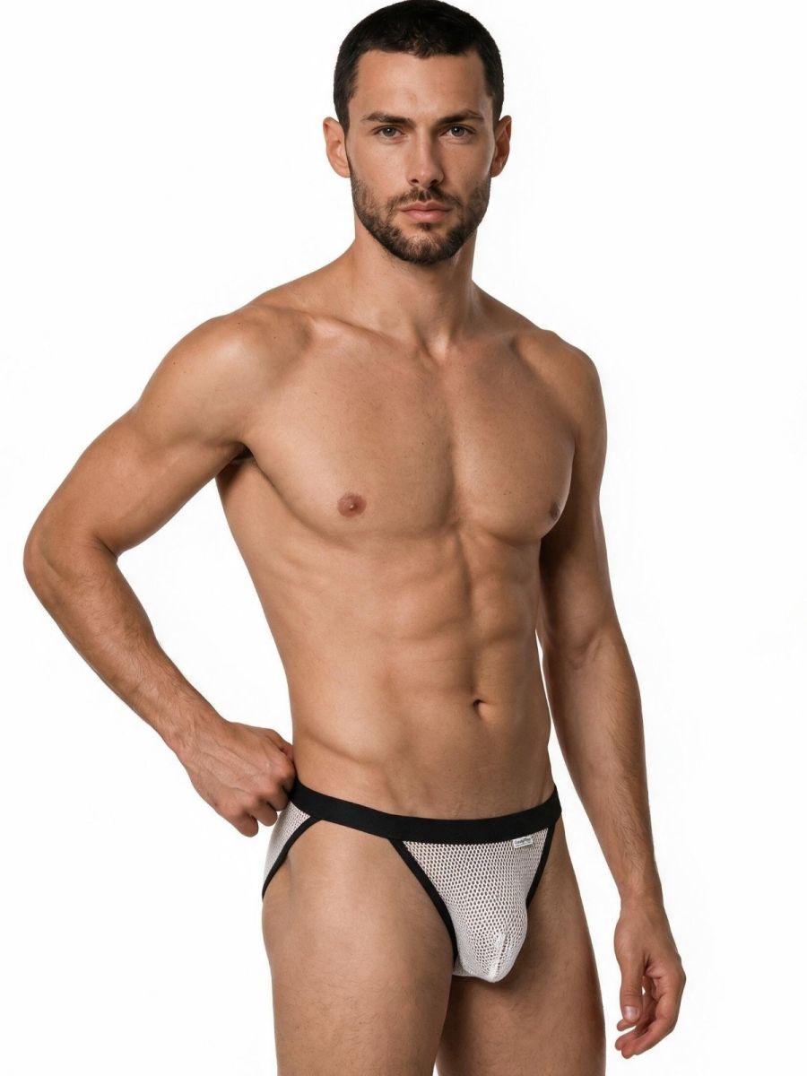 CandyMan Seductive Mesh Bikini in white mesh – men's sheer stretch mesh bikini brief underwear