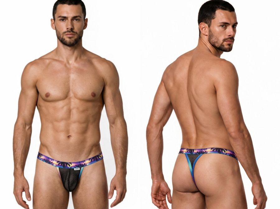 CandyMan Tropical Palm Print Thong Men's Thong in Black – men's thongs