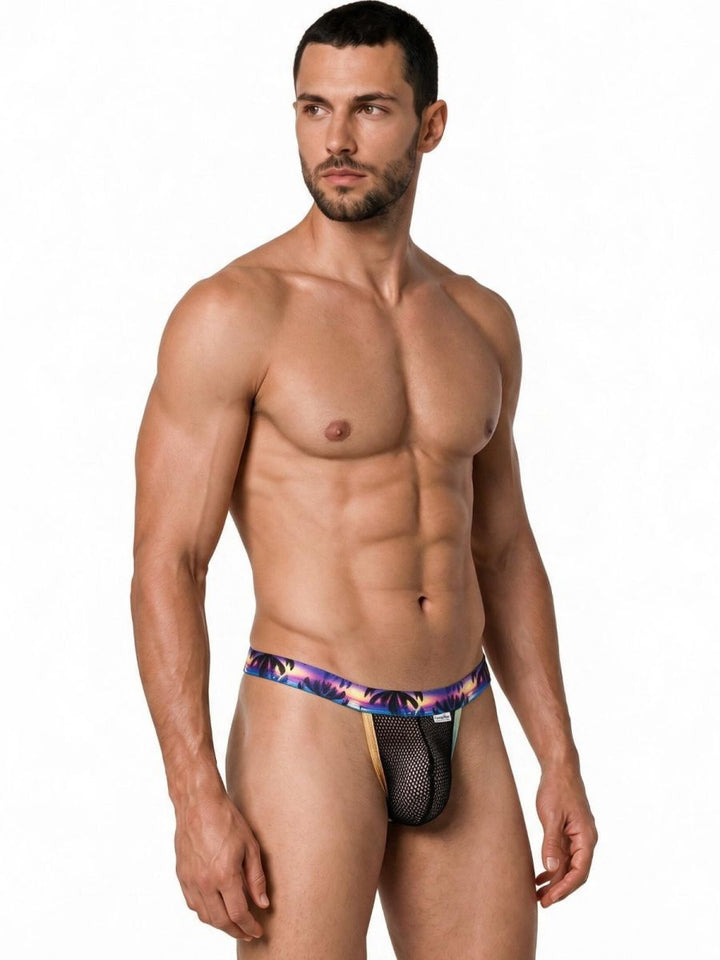 CandyMan Tropical Palm Print Thong Men's Thong in Black – men's thongs
