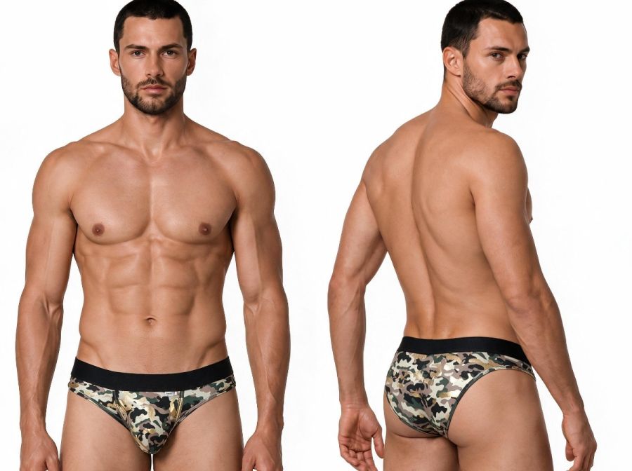 CandyMan Contoured Support Low Rise Brief in camo – men's stretch camo bikini brief underwear