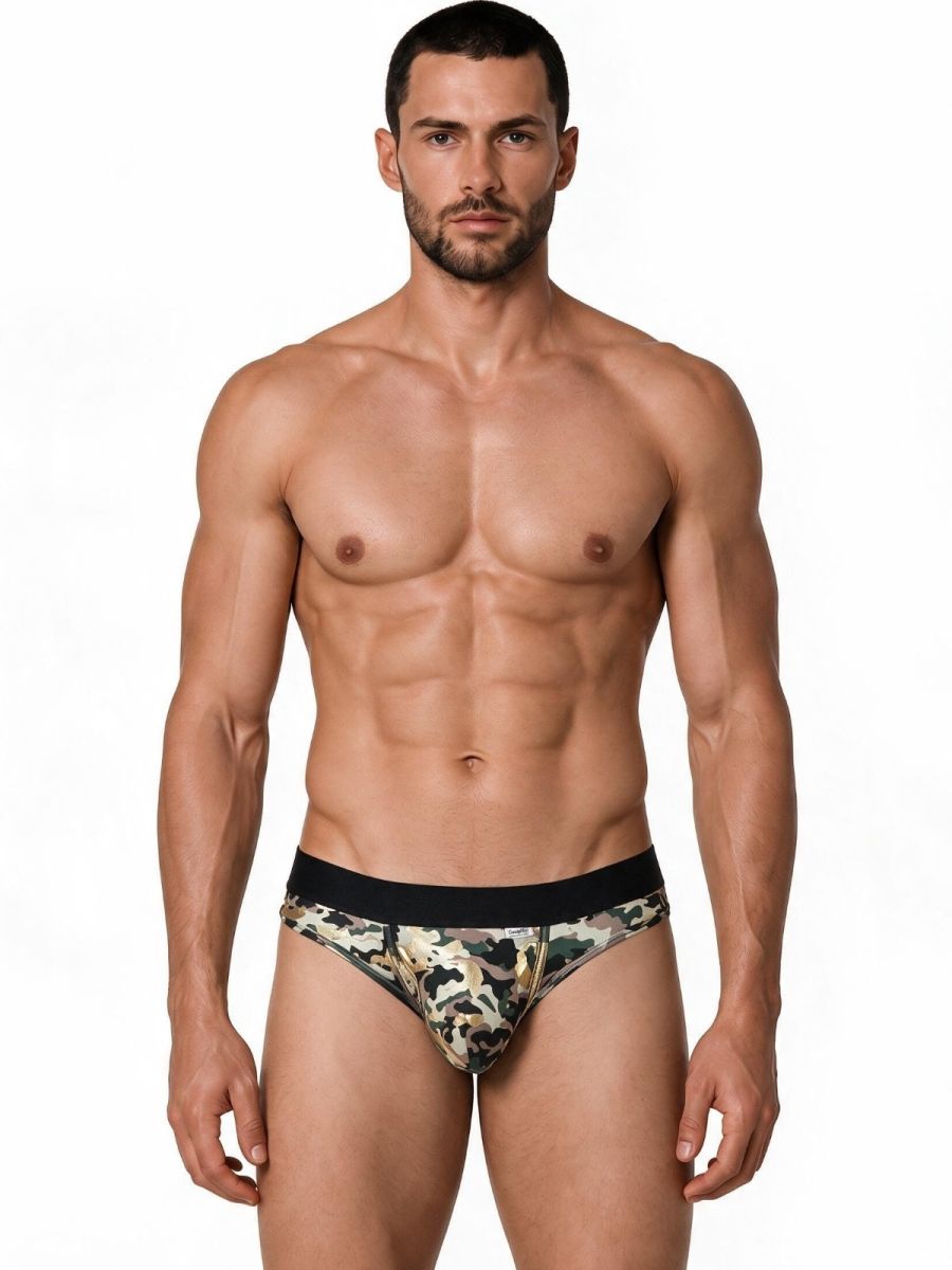 CandyMan Contoured Support Low Rise Brief in camo – men's stretch camo bikini brief underwear