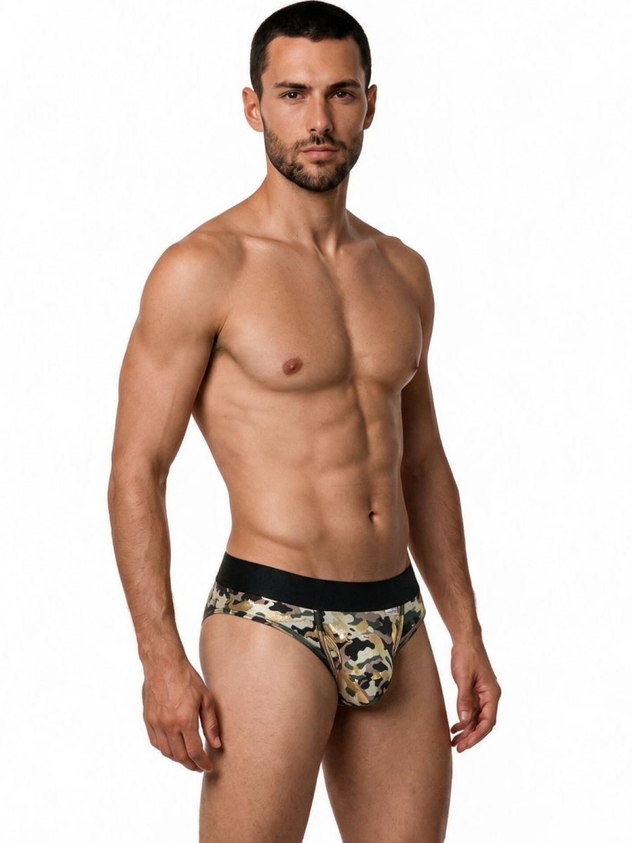 CandyMan Contoured Support Low Rise Brief in camo – men's stretch camo bikini brief underwear