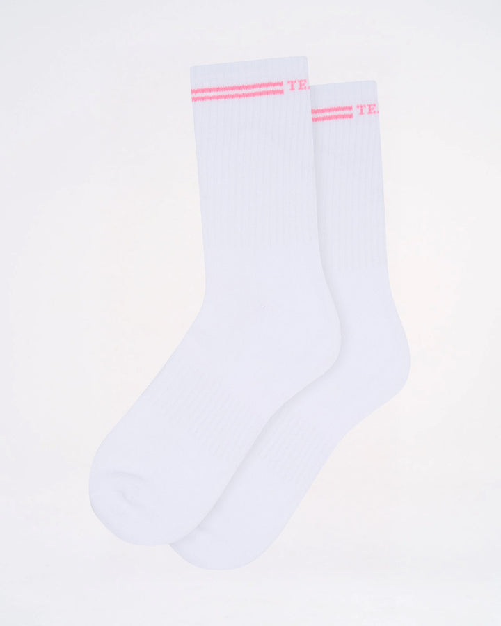 TEAMM8 Classic Crew Socks - White/Pink Cotton Blend Sport Socks
