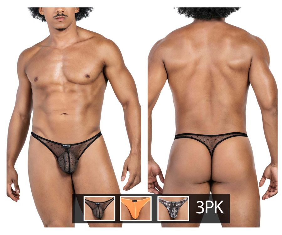 Clever men's 3-pack Australian Latin thongs in black and orange – sheer microfiber underwear