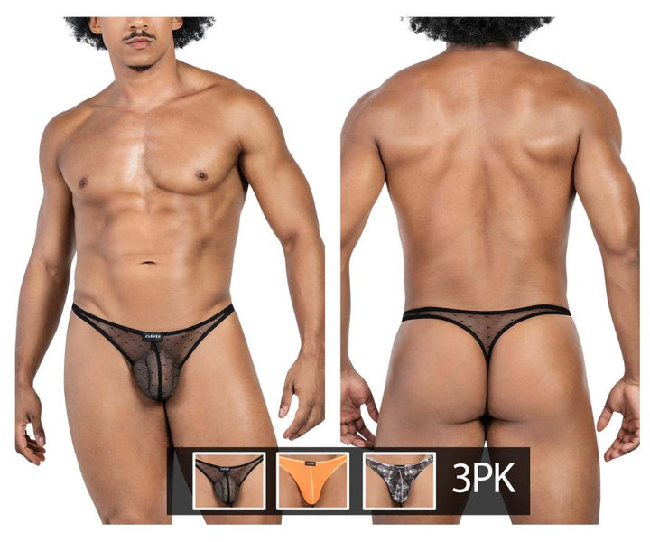 Clever men's 3-pack Australian Latin thongs in black and orange – sheer microfiber underwear