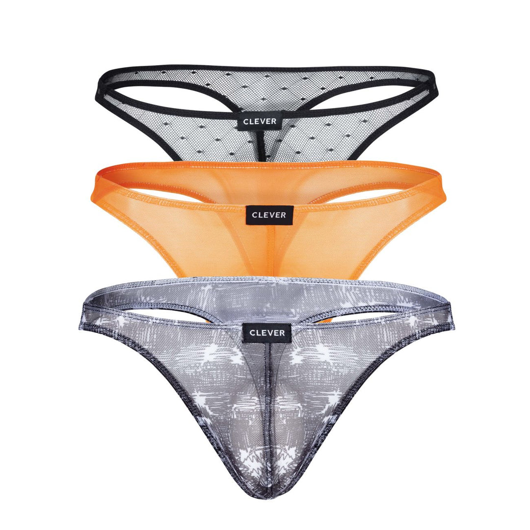 Clever men's 3-pack Australian Latin thongs in black and orange – sheer microfiber underwear