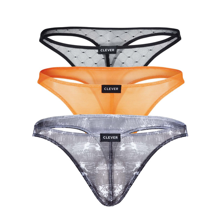 Clever men's 3-pack Australian Latin thongs in black and orange – sheer microfiber underwear