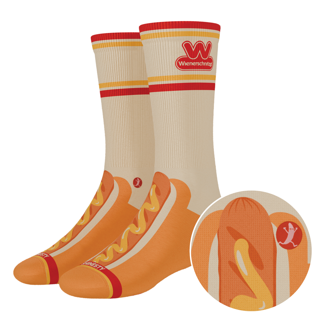 Shinesty x Wienerschnitzel The Dog On Dog Heel Hammock crew socks – men's collab print crew socks