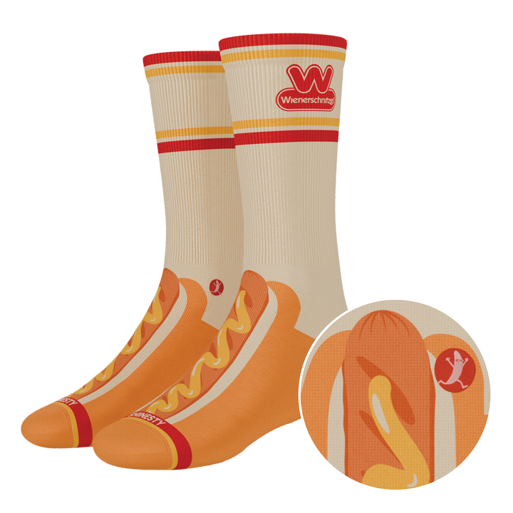 Shinesty x Wienerschnitzel The Dog On Dog Heel Hammock crew socks – men's collab print crew socks