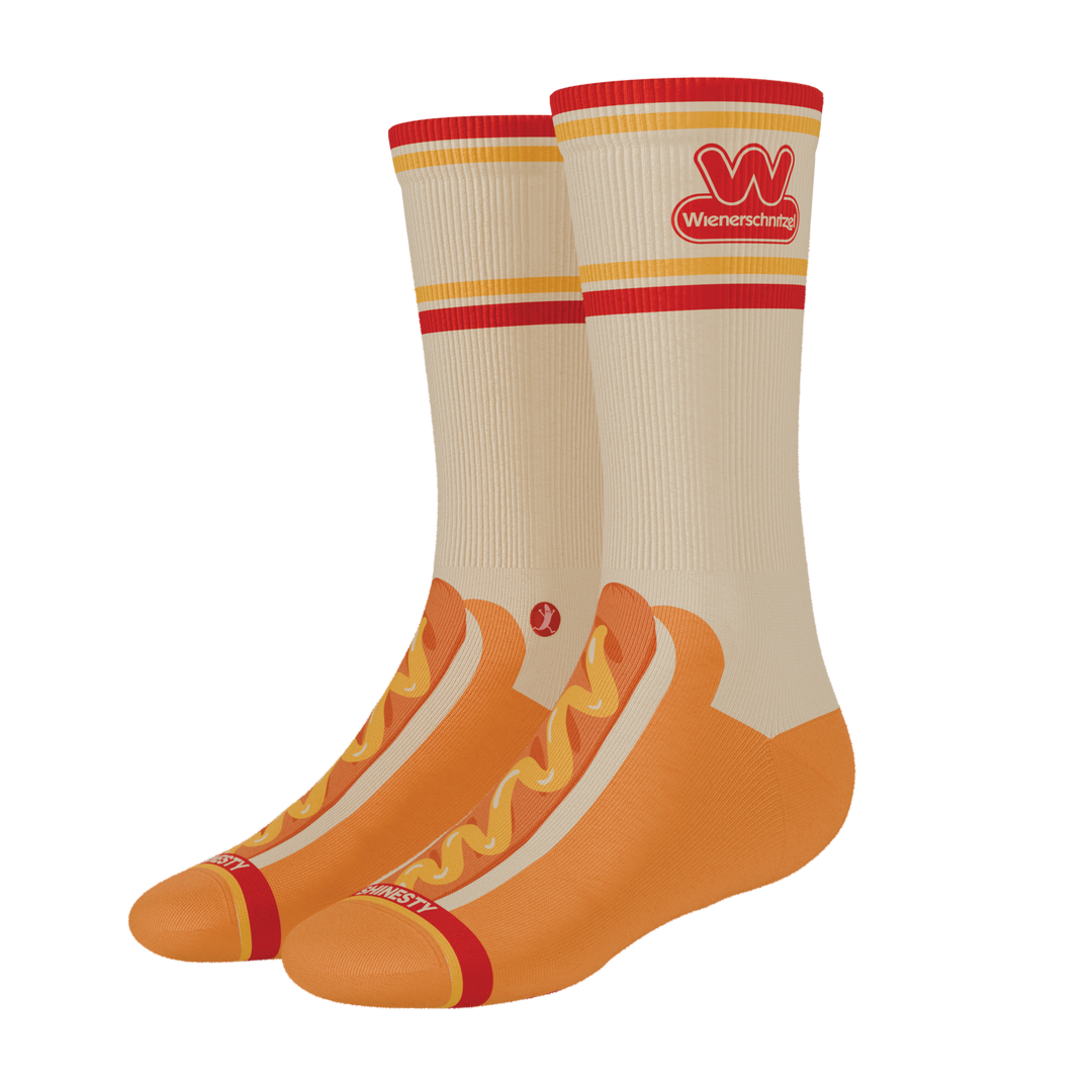 Shinesty x Wienerschnitzel The Dog On Dog Heel Hammock crew socks – men's collab print crew socks