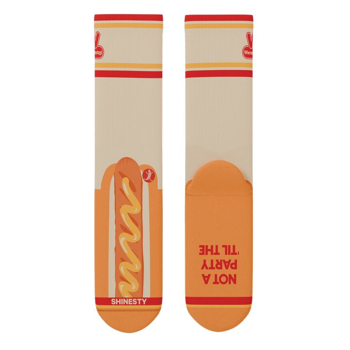 Shinesty x Wienerschnitzel The Dog On Dog Heel Hammock crew socks – men's collab print crew socks
