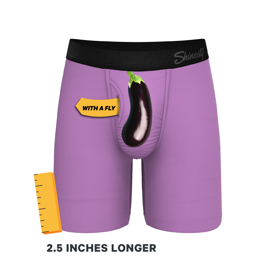 Shinesty "The Double Entendre" Eggplant Long Leg Ball Hammock® Pouch Boxer Briefs with Fly