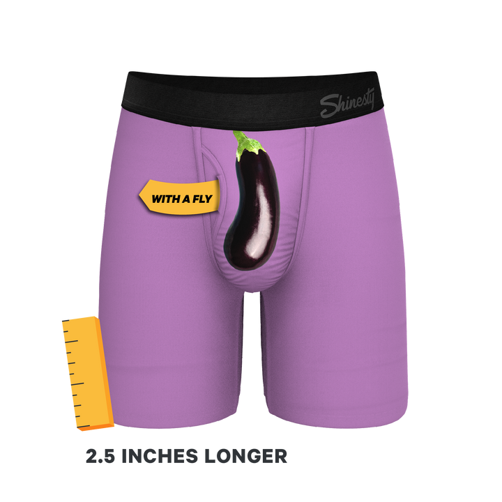 Shinesty "The Double Entendre" Eggplant Long Leg Ball Hammock® Pouch Boxer Briefs with Fly