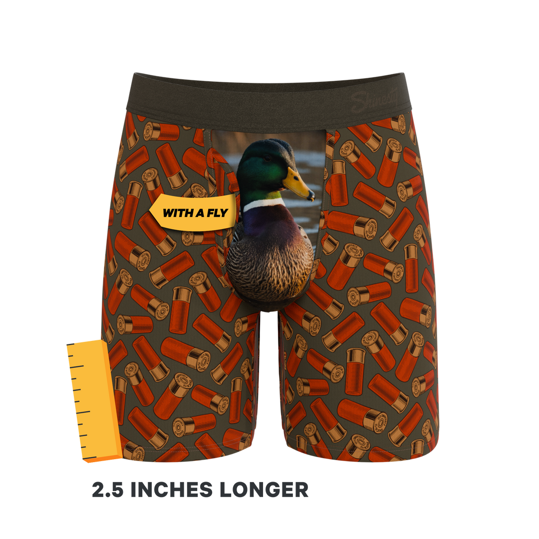 Shinesty The Duck Cover mallard Ball Hammock long leg underwear with fly – men's mallard long leg boxer
