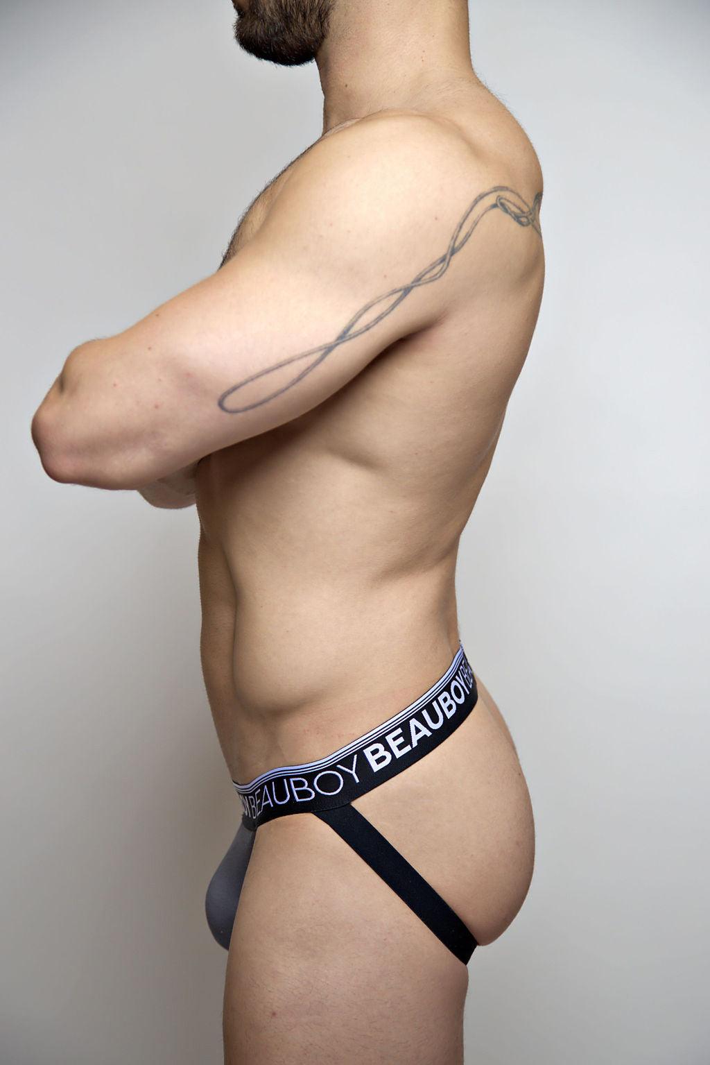 Beauboy Logo men's jockstrap in gray – contour pouch athletic supporter front view