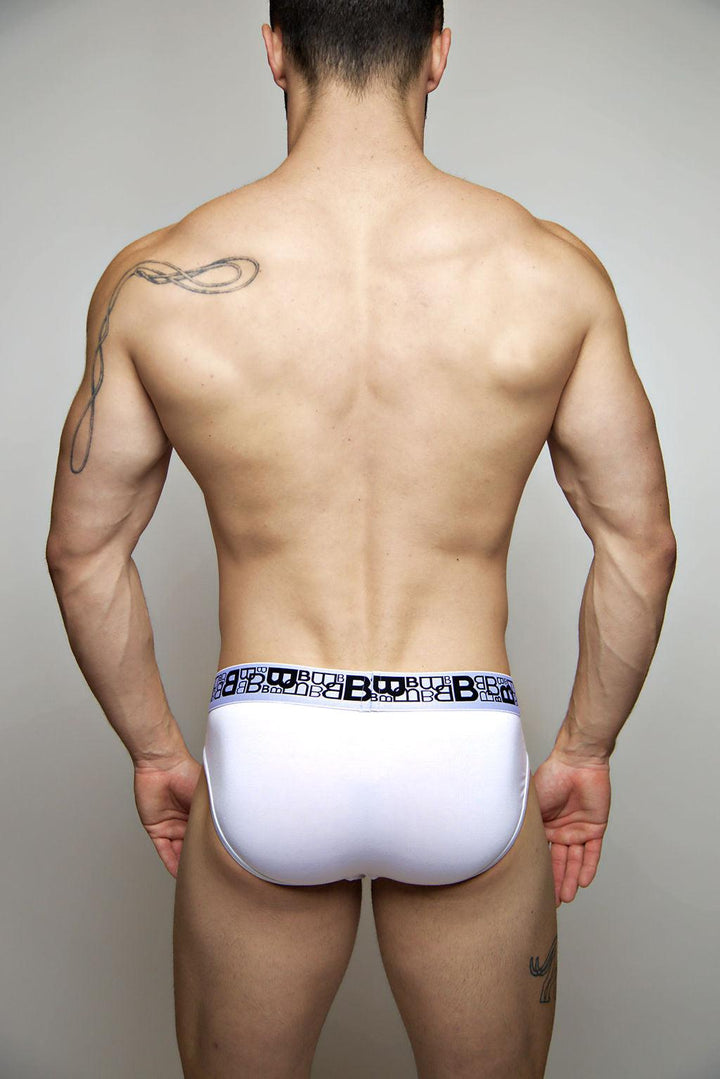 Beauboy B Logo men's classic brief in white – microfiber contour pouch underwear front view
