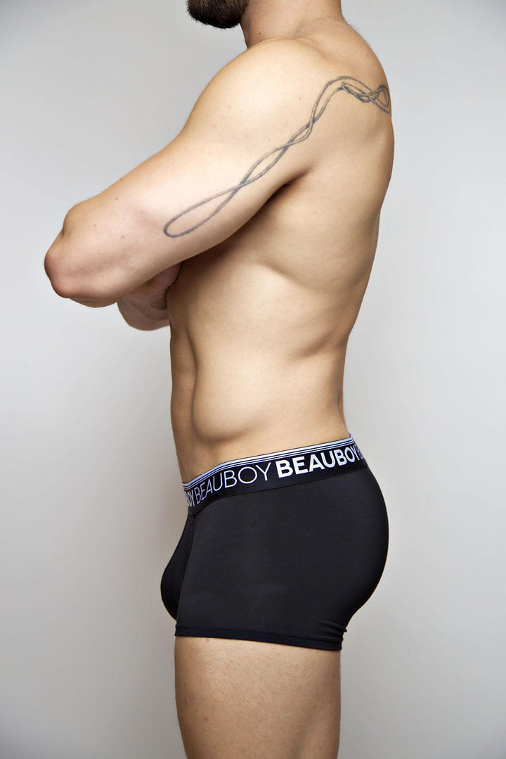 Beauboy Logo men's trunk in black – contour pouch short boxer brief front view