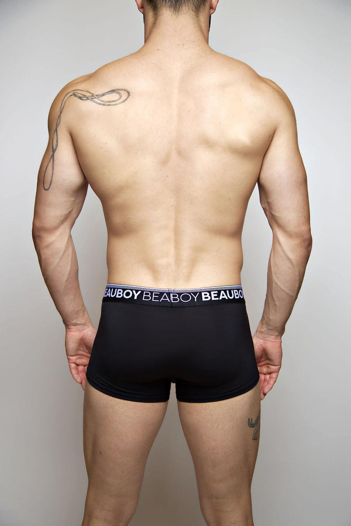 Beauboy Logo men's trunk in black – contour pouch short boxer brief front view