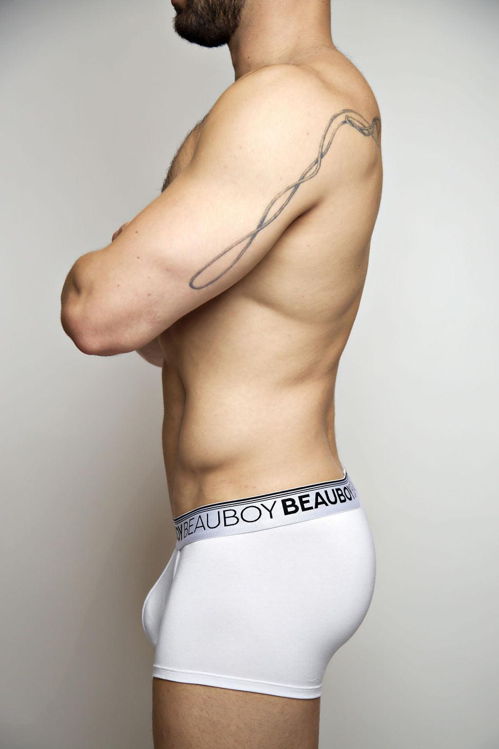 Beauboy Logo men's trunk in white – contour pouch short boxer brief front view