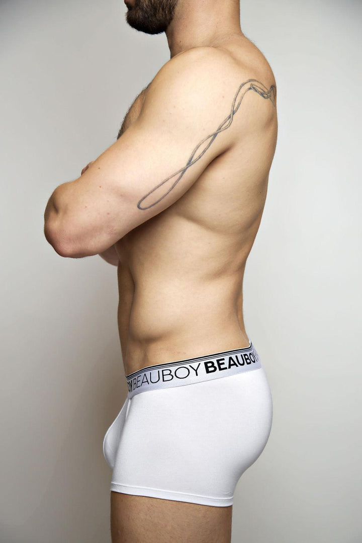 Beauboy Logo men's trunk in white – contour pouch short boxer brief front view