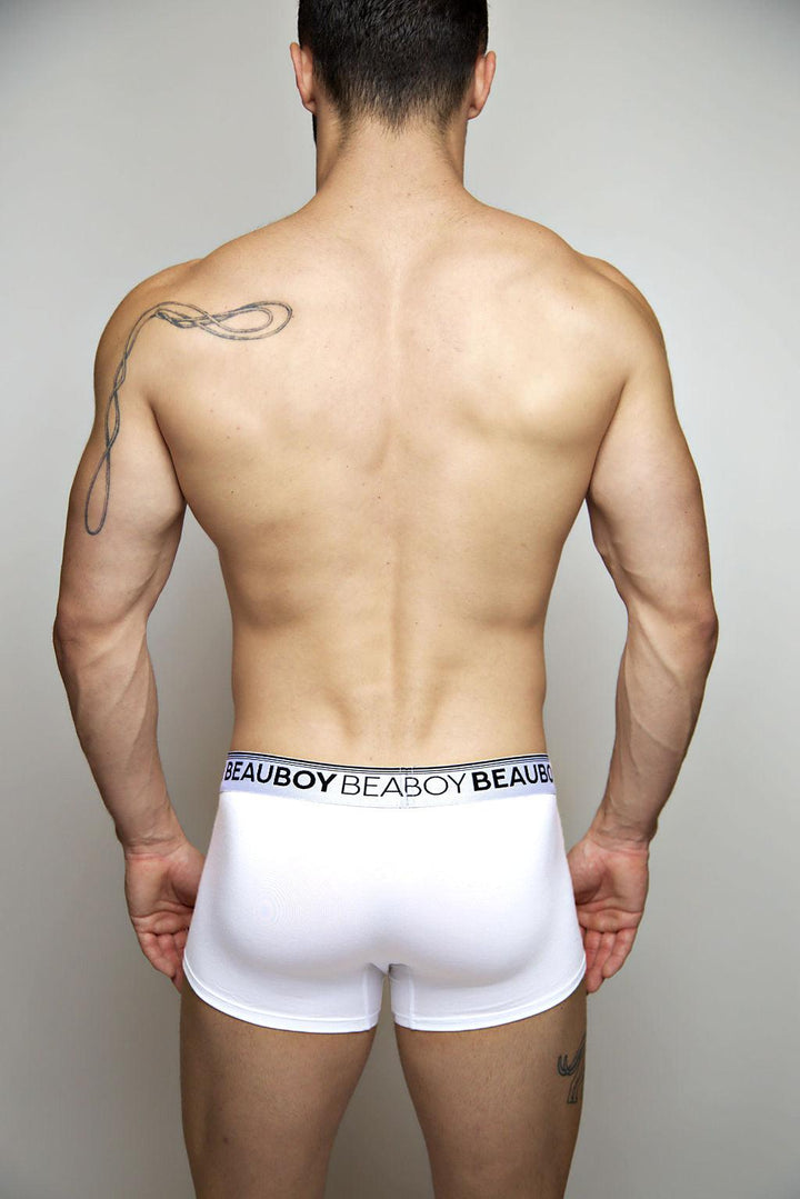 Beauboy Logo men's trunk in white – contour pouch short boxer brief front view