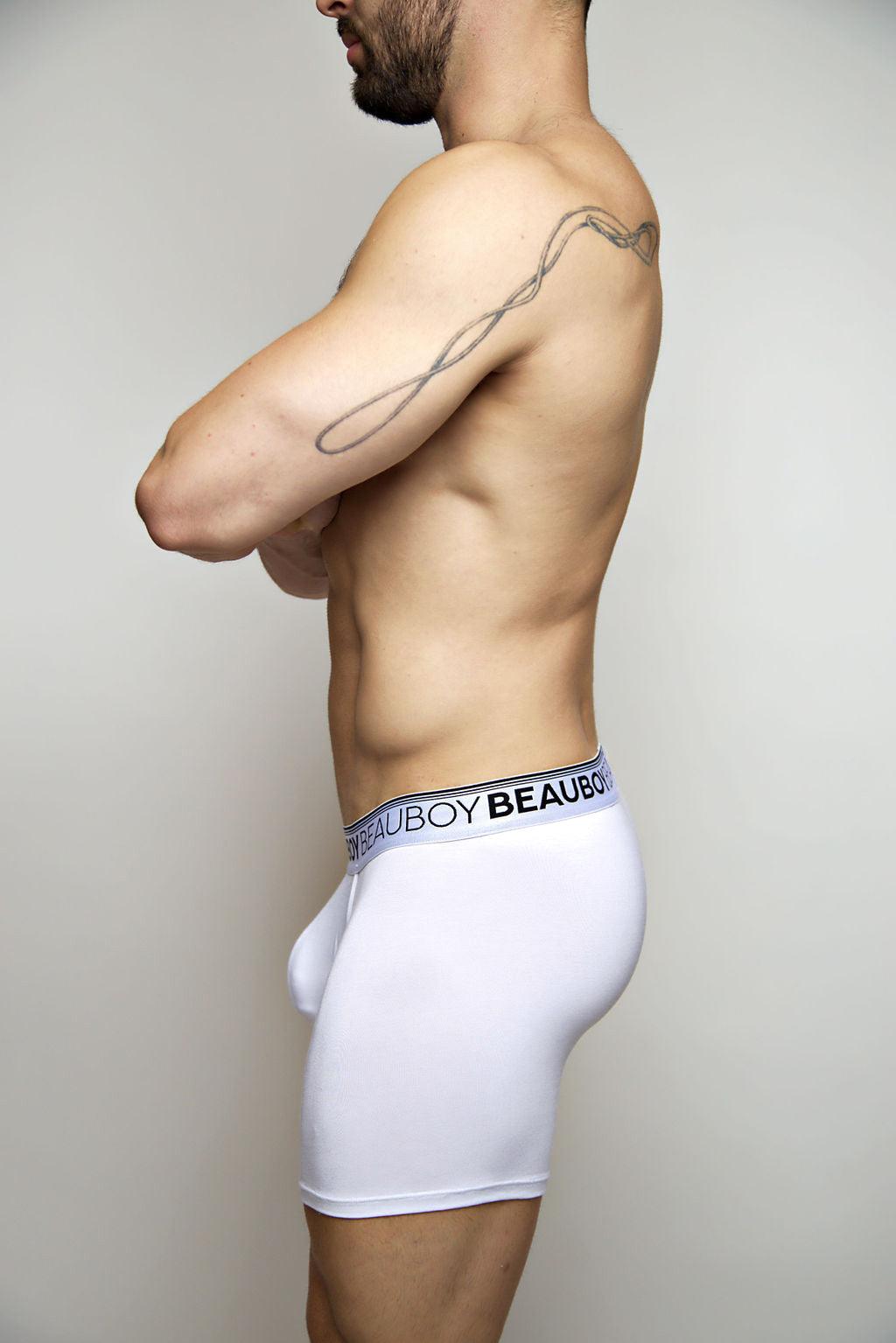 Beauboy Logo men's joxer brief in white – contour pouch boxer brief front view