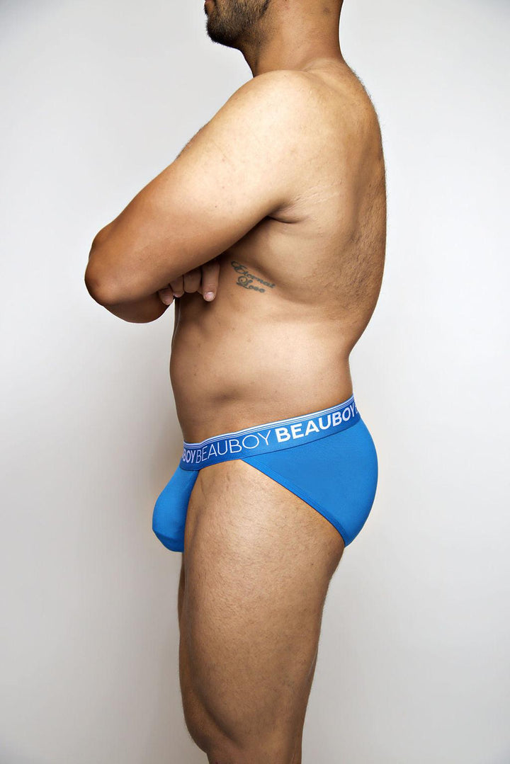 Beauboy Logo men's jock brief in Beauboy Blue – contour pouch sporty brief underwear front view