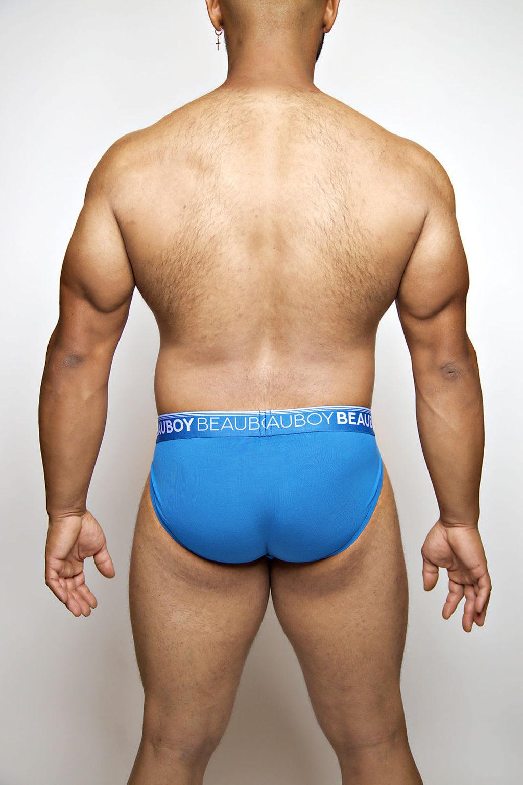 Beauboy Logo men's jock brief in Beauboy Blue – contour pouch sporty brief underwear front view