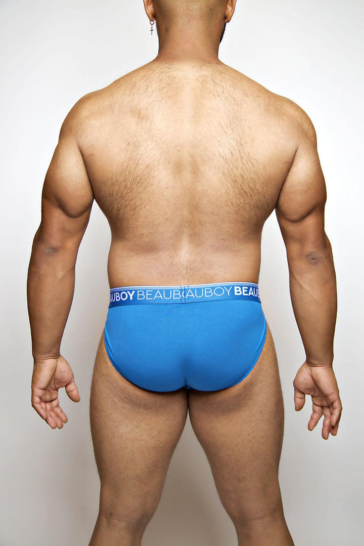 Beauboy Logo men's jock brief in Beauboy Blue – contour pouch sporty brief underwear front view