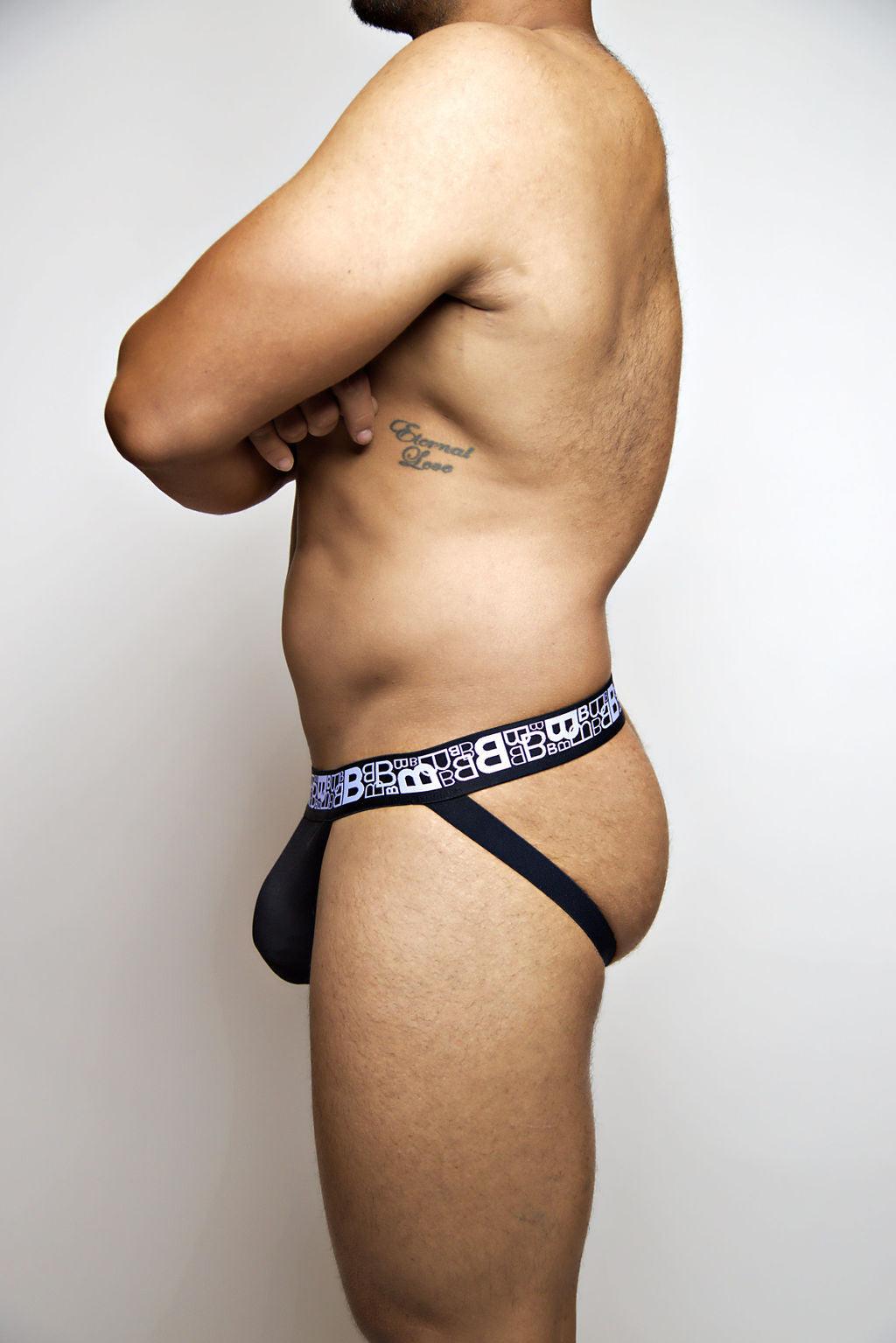 Beauboy B Logo men's jockstrap in black – contour pouch athletic supporter front view