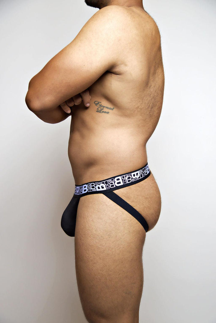 Beauboy B Logo men's jockstrap in black – contour pouch athletic supporter front view