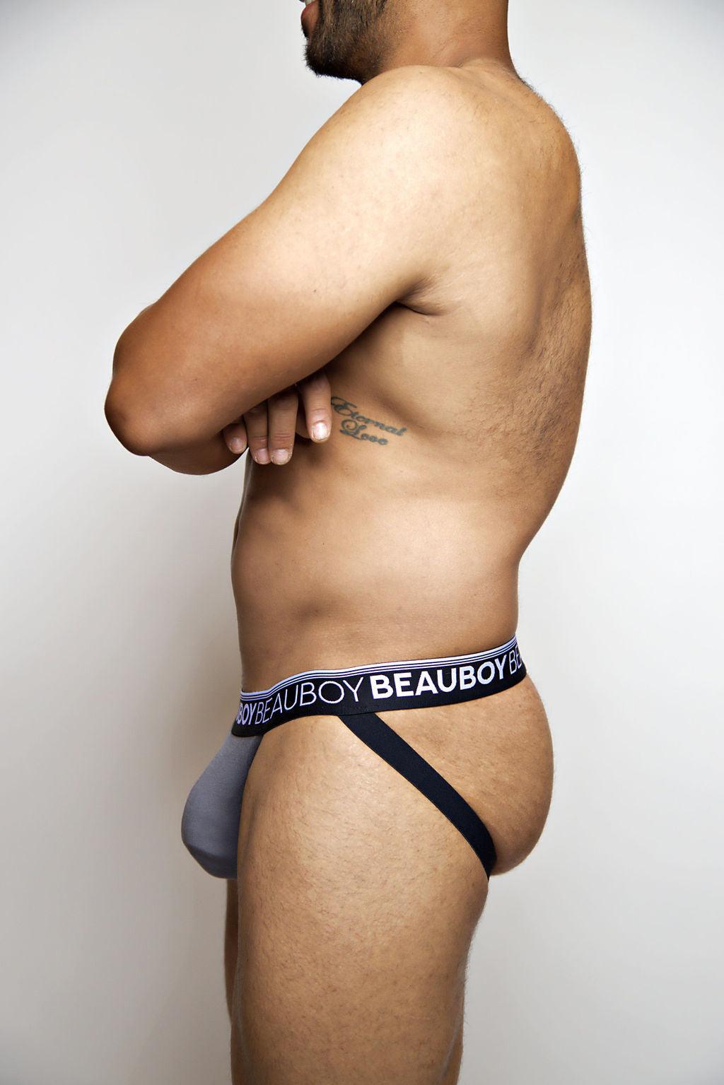 Beauboy Logo men's jockstrap in gray – contour pouch athletic supporter front view
