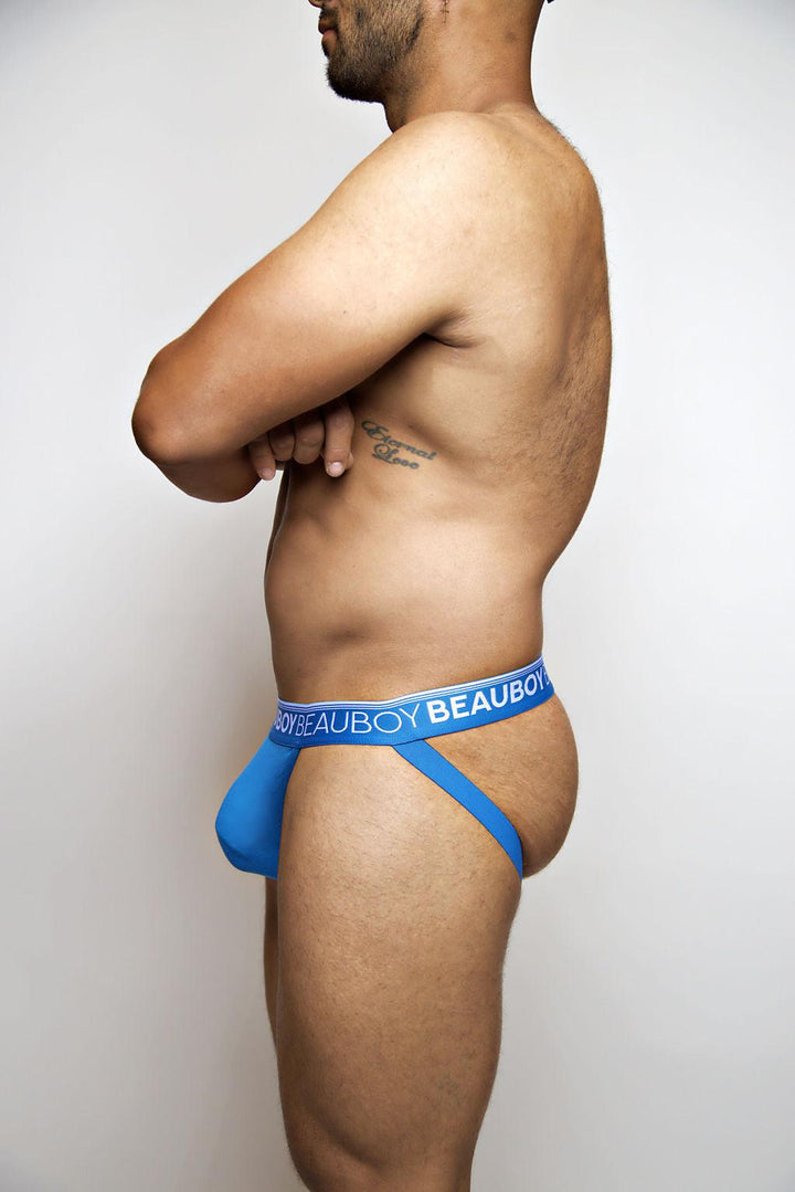 Beauboy Logo men's jockstrap in Beauboy Blue – contour pouch athletic supporter front view