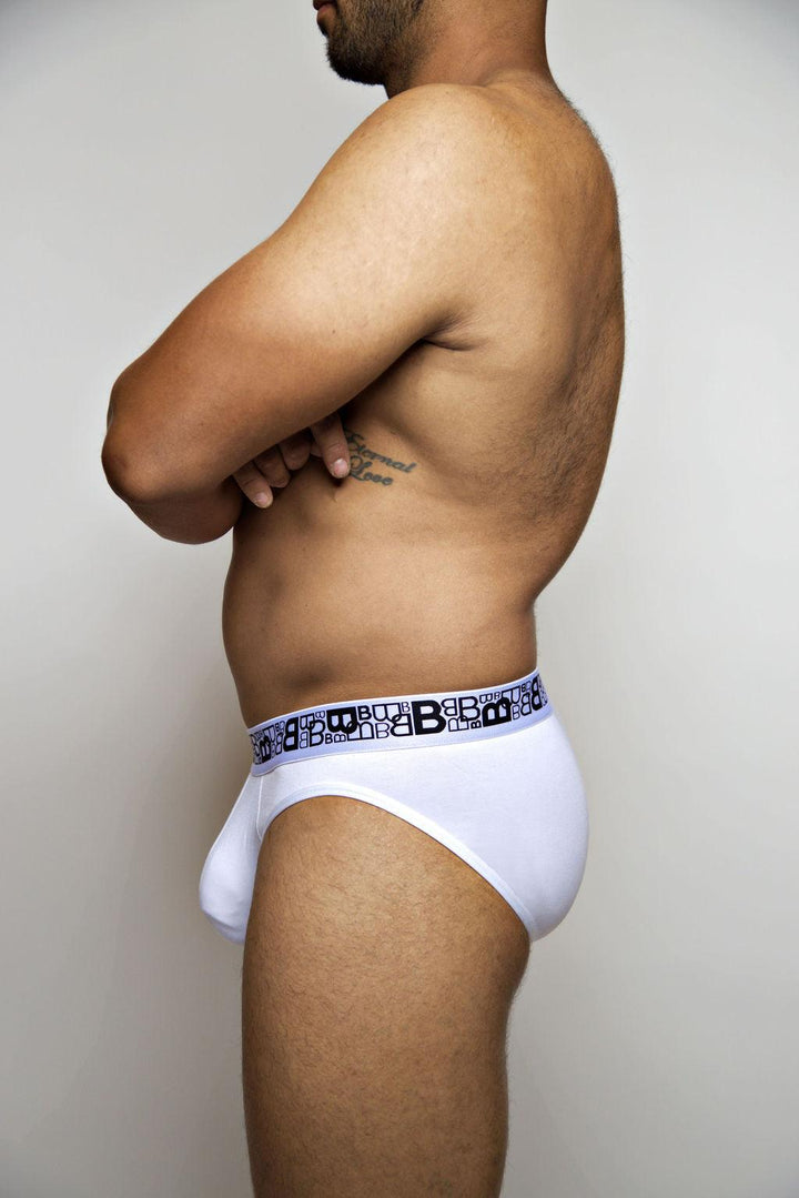 Beauboy B Logo men's classic brief in white – microfiber contour pouch underwear front view