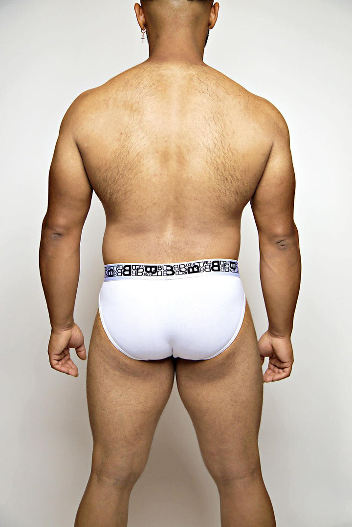 Beauboy B Logo men's classic brief in white – microfiber contour pouch underwear front view