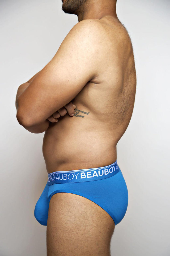 Beauboy Logo men's classic brief in Beauboy Blue – microfiber contour pouch underwear front view