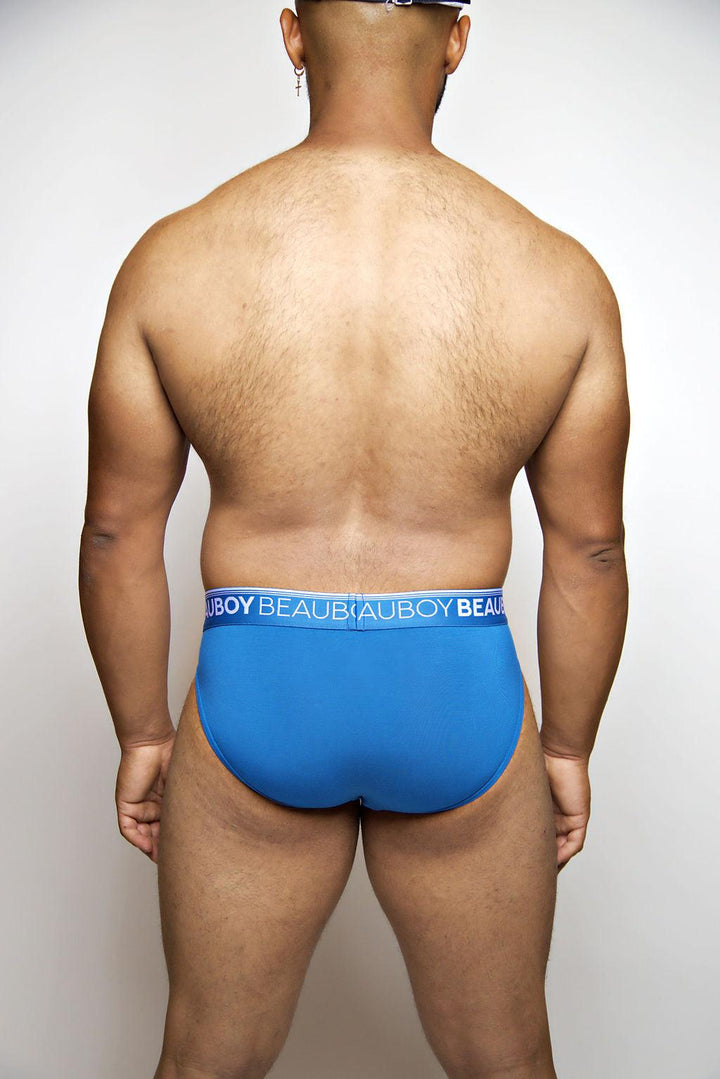 Beauboy Logo men's classic brief in Beauboy Blue – microfiber contour pouch underwear front view