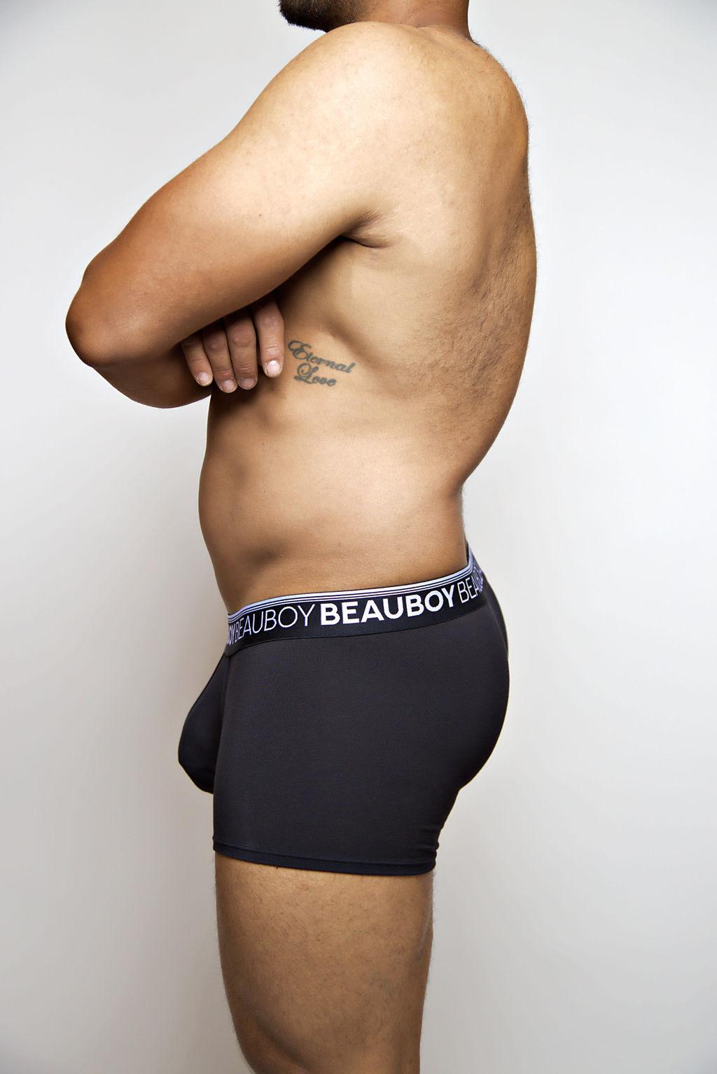 Beauboy Logo men's trunk in black – contour pouch short boxer brief front view